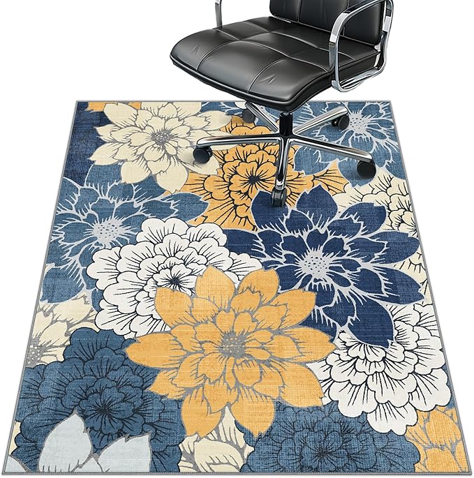 36"x48" Office Chair Mat for Hardwood Tile Floor, Under Desk Carpet Protector for Rolling Computer Chair Mat, Machine Washable Area Rug, Anti-Slip 1/5" Thick Low Pile Thin Vinyl Floor Mat, Navy Yellow