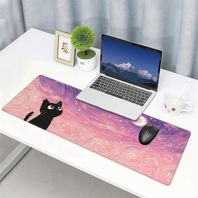 Starry Night Cat Cute Mouse Pad,Large Pink Gaming Mousepad,Extende Dreamy Anime Washable Keyboard Desk Mat,Kawaii Stitch Mousemat for Women Girls,31.5 x 12in