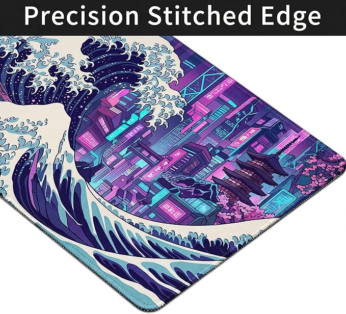 Cyberpunk Extended Mouse Pad 48x24in, Neon City Wave Gaming Desk Mat, Anti-Slip Rubber Base Mousepad for PC Gamers & Streamers