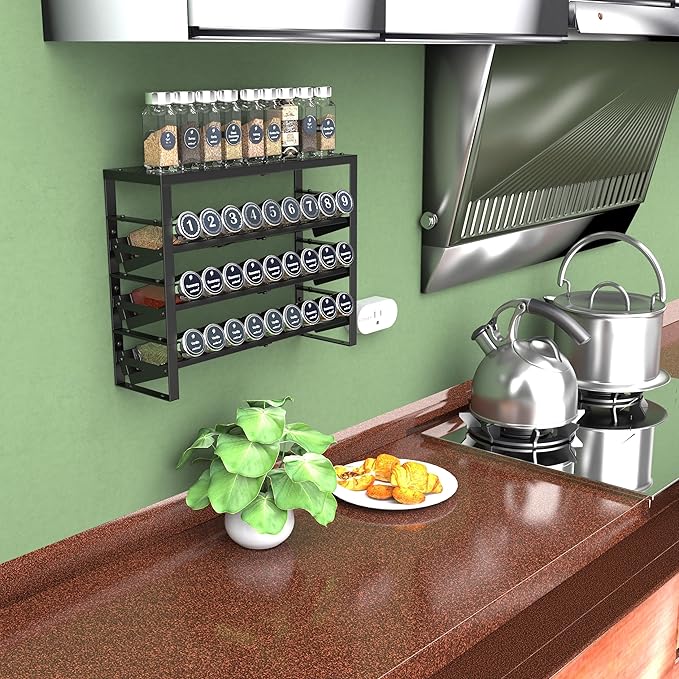 Jojocross Expandable, Stackable, Adjustable Spice Rack kitchen Organizer,Metal Pantry Storage Shelves - Multi-Tier Shelf for Cabinet, Countertop, Pantries, Cupboard or Wall Mount,Black