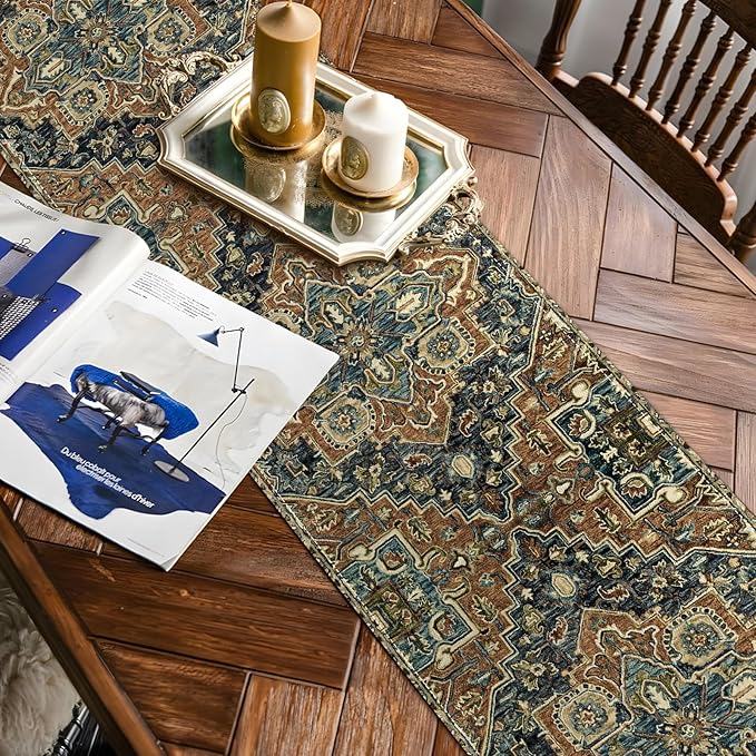 Boho Blue Brown Table Runner,Vintage Elegant Farmhouse Table Center Linen Decor,Country Rustic Farmhouse Magical Fall Kitchen Dining Table Decoration for Home Dining Party Decor 13x108 Inch