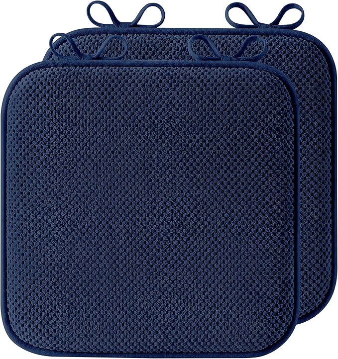 puredown® Chair Cushions for Dining Chairs, Set of 2 Memory Foam Seat Cushions with Non-Slip Backing & Ties, 16" x 16" x 1.5", Comfortable & Supportive Dining Chair Pads for Kitchen, Navy