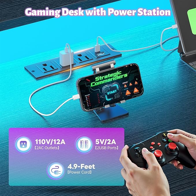 EnHomee 53" L Shaped Gaming Desk with RGB LED and Power Outlets, Reversible Corner Desk with Monitor Stand, Computer Desk with Deep Drawer & Storage Shelf for Home Office & Gaming, Black