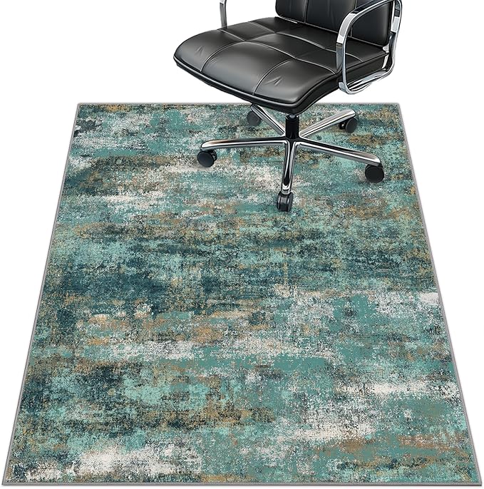 48"x60" Office Chair Mat for Hardwood Tile Floor, Under Desk Carpet Protector for Rolling Computer Chair Mat, Machine Washable Area Rug, Anti-Slip 1/5" Thick Low Pile Thin Vinyl Floor Mat, Teal Blue