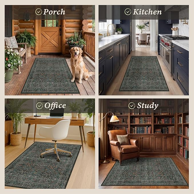 48"x60" Dark Green Office Chair Mat for Hardwood & Tile Floor, Vintage Floral Washable Under Desk Rug with Anti-Slip Backing & Ultra Soft, Floor Protector for Rolling Chairs, Stain Resistant