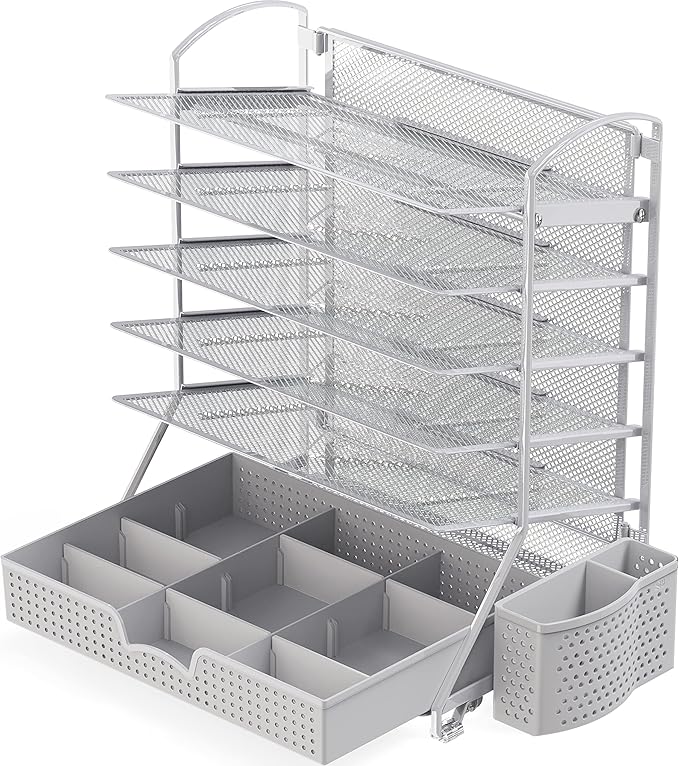 Simple Houseware 6-Tier Desk Document File Tray Organizer with Sliding Drawer, Silver
