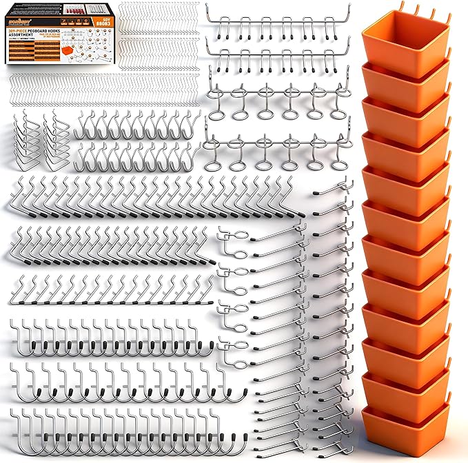 HORUSDY 309 PCS Pegboard Hooks Assortment Kit – 17 Types Heavy Duty Peg Board Hooks & Organizer Accessories – Fits 1/8 & 1/4 Inch Pegboard Durable Metal Wall Hooks for Garage Kitchen Workshop