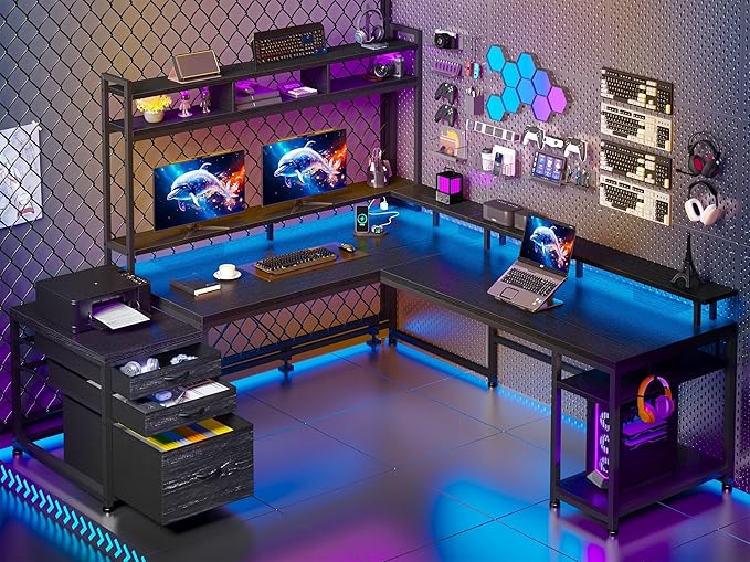 EnHomee 104'' L Shaped Gaming Desk, Reversible Two Person Corner Computer Desk with Power Outlet & LED Lights, Monitor Stand & 3 Drawers, Home Office Workstation for Living Room, Black