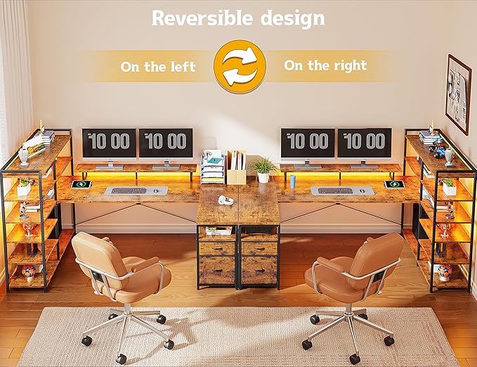 DurayLoly 63" L Shaped Desk with Monitor Stand & CPU Stand, Reversible Computer Desk with 6-Tier Shelves& 2 Fabric Drawers, Ergonomic Desk with Power Outlet & LED Lights for Home Office,Rustic Brown