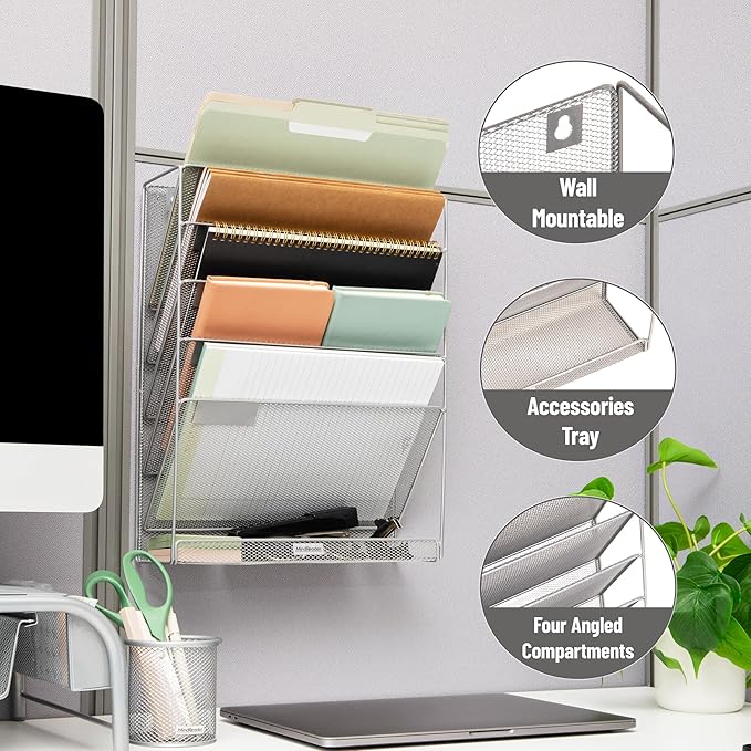 Mind Reader 5-Pocket Vertical File Storage, Desktop Organizer, Wall Mount, Office, Metal Mesh, Silver