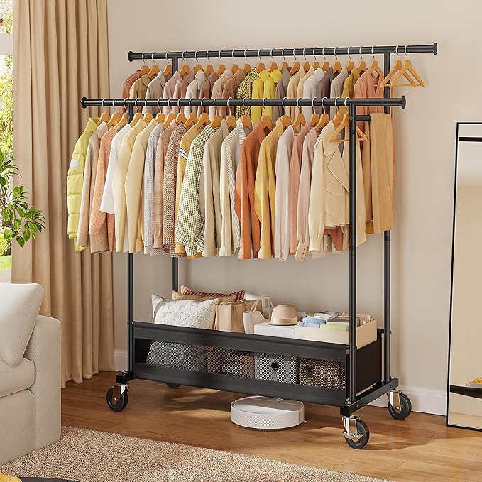 Clothes Rack Clothing Racks for Hanging Clothes, Rolling Clothes Rack Portable Clothing Rack, Double rod clothing rack with Storage Basket, Garment rack for Bedroom, Laundry Room, Black