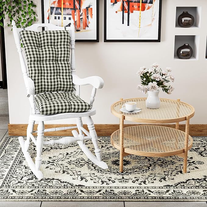 Klear Vu The Gripper Non-Slip Rocking Chair Cushion Set with Thick Padding, Includes Seat Pad & Back Pillow with Ties for Indoor Living Room Rocker, 17x17 Inches, 2 Piece Set, Gingham Black