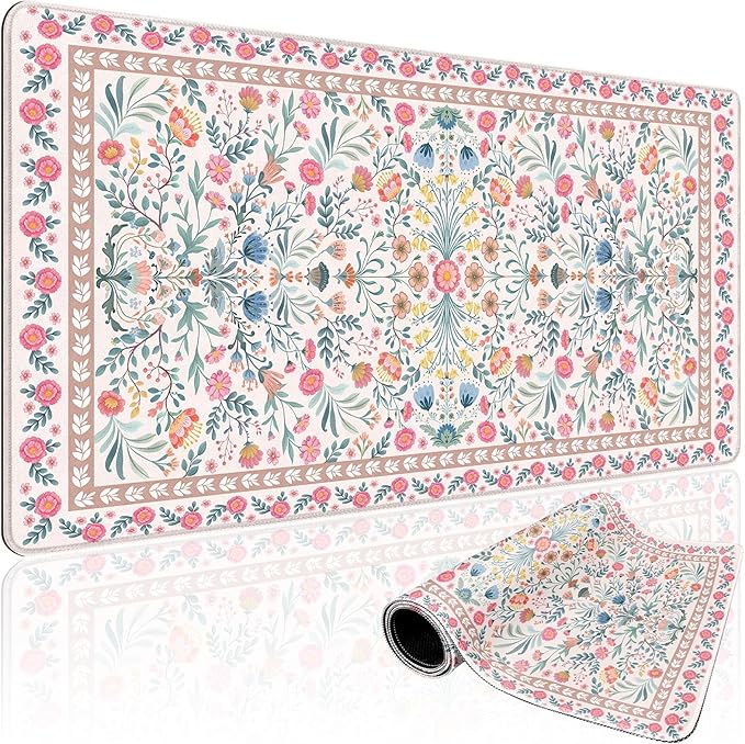 Pink Floral Desk Mat 31.5"x15.7", Extra Large Mouse Pad with Non-Slip Rubber Base, Waterproof Desk Blotter with Stitched Edges, Smooth Computer Mat for Home Office Desk