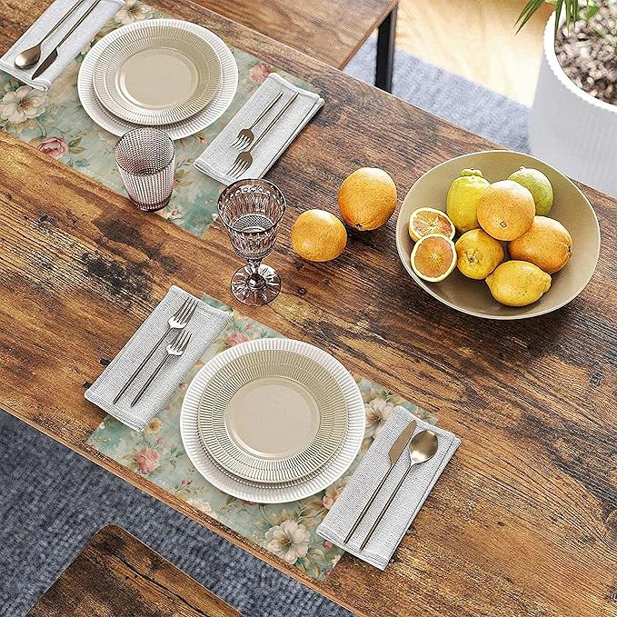 Linen Placemats Set of 6, Pink Flowers Leaves Washable Table Mats 12x18 Inch, Heat Resistant Non Slip Placemats for Dining Table Kitchen Everyday Use