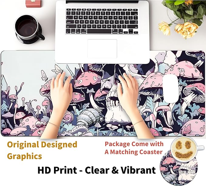 Extended Mouse Pad with Coaster 31.5 x 11.8 Desk Pad Full Desk Mousepad Stitched Edges Desk Mat Long Large Gaming Mouse Pad for Desk Office Home Floral Skull