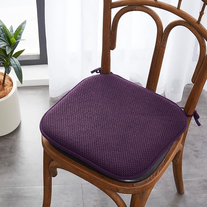 Elegant Comfort 2 Pack Chair Cushion Covers - Skid-Proof Rubber Backing - 16 x 16 Inch - Thick Dining Square Shape Seat Covers - Comfortable Textured Chair Pads with Ties - Honeycomb Pattern, Purple
