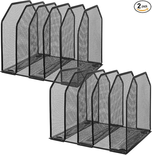 2 Pcs Vertical File Organizer for Desk - Metal Mesh Holder with 5 Compartments, File Folder Rack & Document Storage Stand - 9.3" x 8.5" x 7.9"