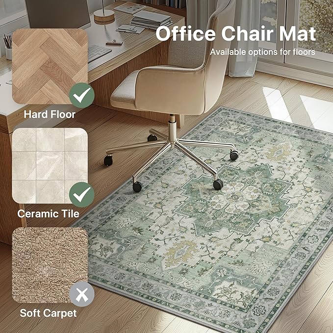 60"x60" Office Chair Mat for Hardwood Tile Floor, Under Desk Carpet Protector for Rolling Computer Chair Mat, Machine Washable Round Area Rug, Anti-Slip 1/5" Thick Low Pile Thin Floor Mat, Green