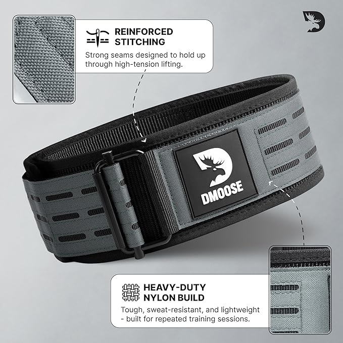DMoose Weight Lifting Belt - Auto Locking Gym Belt for Olympic Training, WOD, Cross Training for Men and Women - 4" Nylon Workout belt with Adjustable Buckle - Provides Lumbar Support and Stability