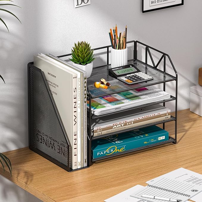 4-Tier Paper File Organizer with Drawer, Metal Desk Organizer, Tiered Paper Tray for Letter/A4 Files, Desktop Office Supplies Storage Rack, Black