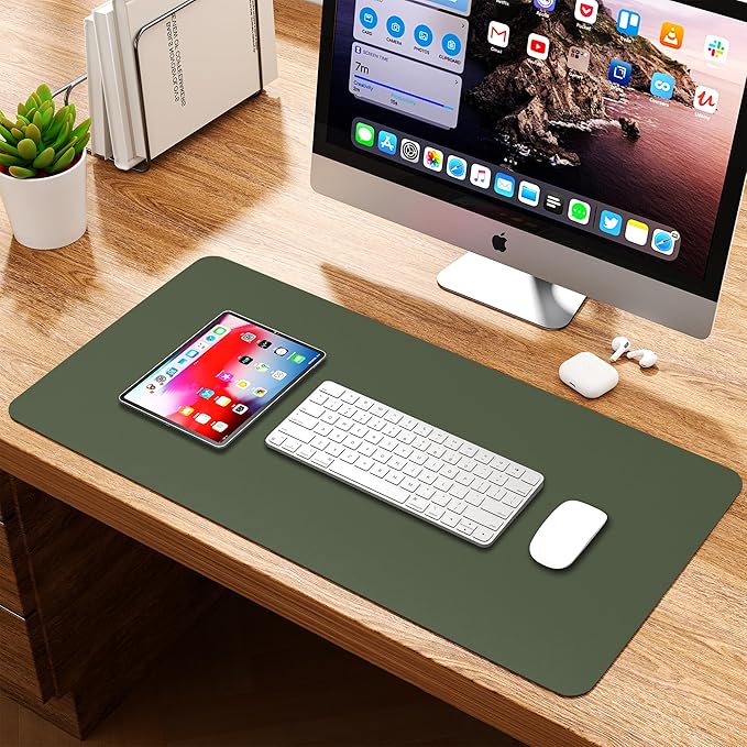 WAYBER Leather Desk Pad Protector, Waterproof Mouse Pad, PU Desk Mat, Office Desk Cover, Desk Writing Mat for Office/Home/Work/Cubicle (Green/Gray) 23.7x13.8 in