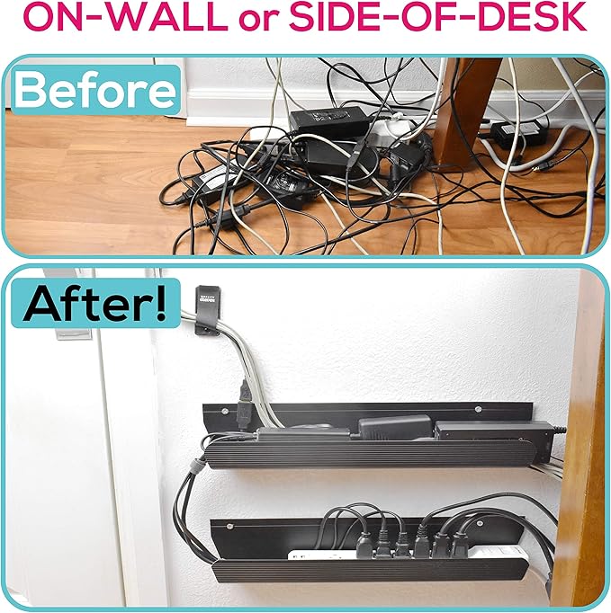 Cable Management Tray, Under-Desk, On-Wall or Side-of-Desk, 17x4x2.4”, 2-PK, Hide & Organize Your Cables, Power Supplies and Power Strips, Bonus 10-Pk Cable Ties