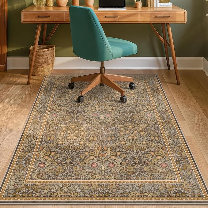 Vintage Brown Office Rugs for Rolling Chairs, 36"x48" Home Office Rug for Computer Gaming Chair, Low Pile, Slip-Resistant and Ultra Soft Area Rug for Protecting Floors, Boho Taupe Floral Design