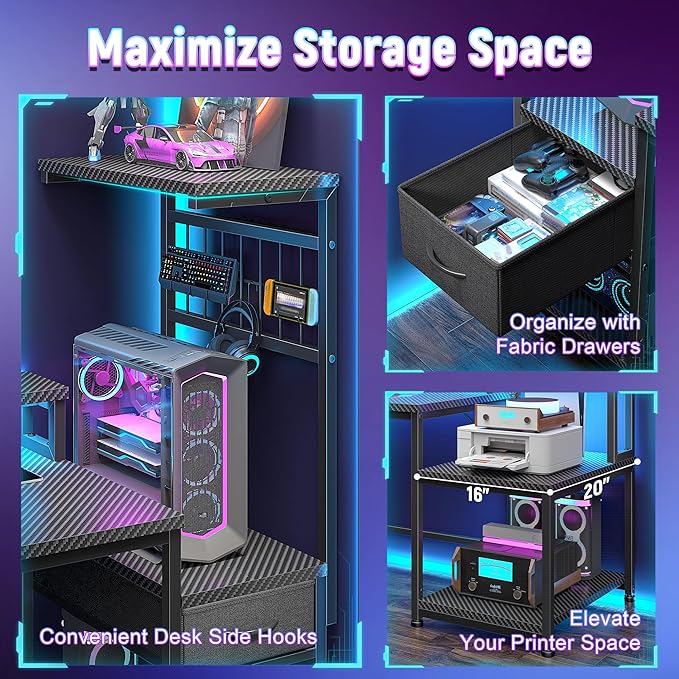 DurayLoly 55" Gaming Desk with LED Lights & Outlets,Computer Desk with Drawers & Monitor Stand,Gaming Table with 3 Storage Shelves, Hooks& Printer Space for Game&Study Room,Home Office,Bedroom,Black
