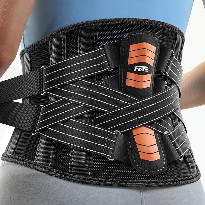 FEATOL Back Brace for Lower Back Pain Women Men, Removable Dual-Side Spine Lumbar Pad with Snug Fit, Adjustable Support Belt for Work, Orange, Size L 34.5-39"