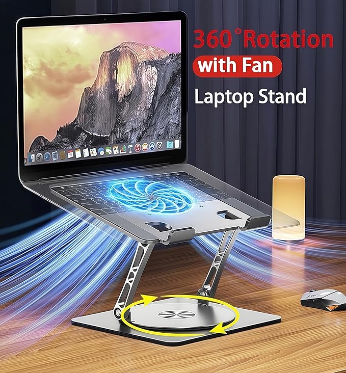 Laptop Stand with Cooling Fan，360°Rotatable Framework，Ergonomic Adjustable Riser for 10-17'' Gaming/Binge-Watching/Office Use - Silver