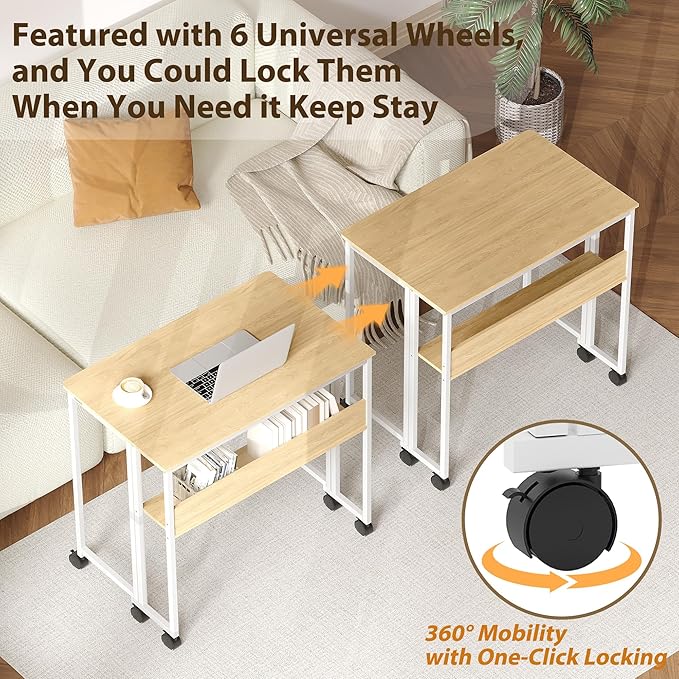 GarveeHome Folding Desk Small Rolling Desk with Storage Shelf,31.5 Inch Foldable Computer Table with Wheels,Portable Office Desk for Small Space Sofa Table,Easy to Fold