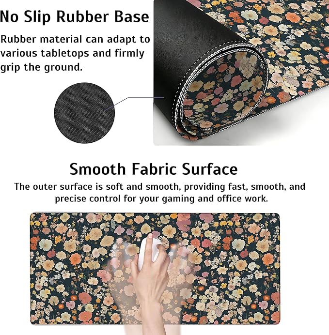 Large Gaming Mouse Pad Colorful Floral Desk Mat,Non-Slip Rubber Base Stitched Edges,Extended Mousepad for PC,Laptop,Office,Home Decor(31.5 x 11.8 Inch)