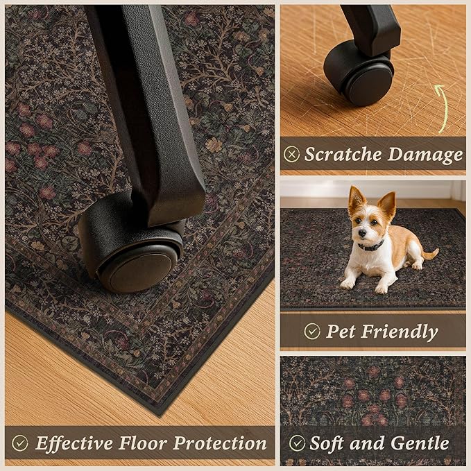 Taupe Brown Office Chair Mat for Hard Wood & Tile Floors, 48x60 Non-Slip Low Pile Under Desk Rug, Washable Floor Protector for Heavy Duty Office Chair, Vintage Traditional Dark Neutral Floral Décor
