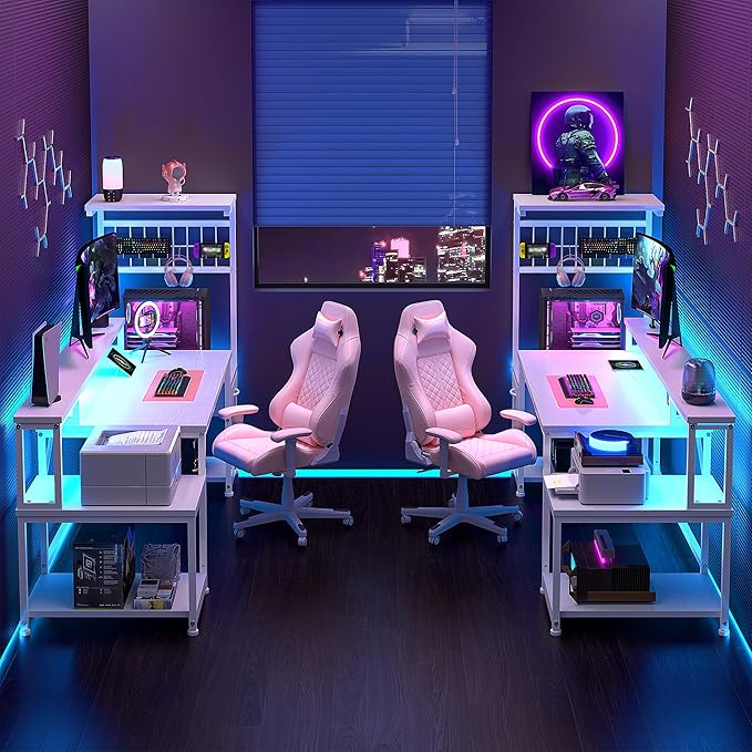 DurayLoly 63" Computer Desk with LED Lights & Outlets,Office Desk with Drawers & Monitor Stand,Gaming Desk with 3 Storage Shelves, Hooks& Printer Space for Game&Study Room,Home Office,Bedroom,White