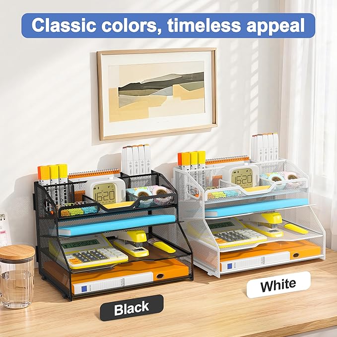 4 Tier Desk Orgnizers and Accessories, Metal Magazine File Holder with Pencil Holder and Handles, Space Saving Desktop Storage for School Office Supplies(White)