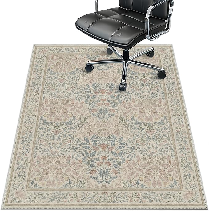 48"x60" Office Chair Mat for Hardwood Tile Floor, Under Desk Carpet Protector for Rolling Computer Chair Mat, Machine Washable Area Rug, Anti-Slip 1/5" Thick Low Pile Thin Vinyl Floor Mat, Beige Pink