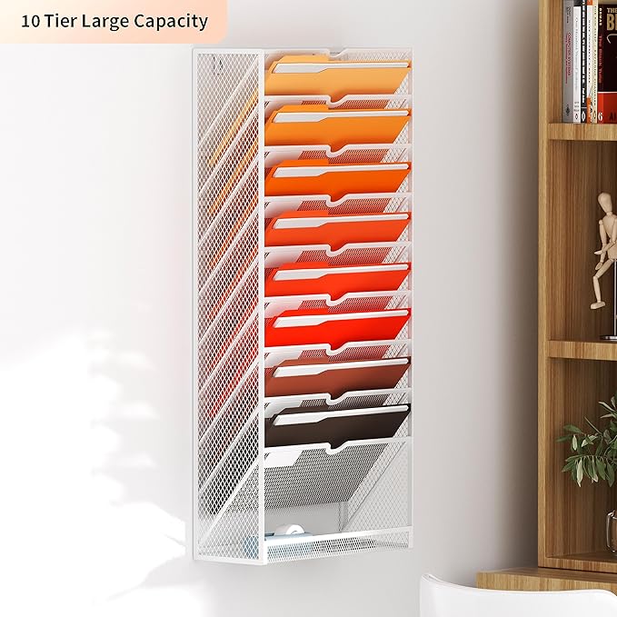 Marbrasse 10-Tier Hanging Wall File Organizer, Wall File Holder for Papers, Files Clipboard & Magazine Organizer, Wall Mount File Holder Great for Office Home (White)