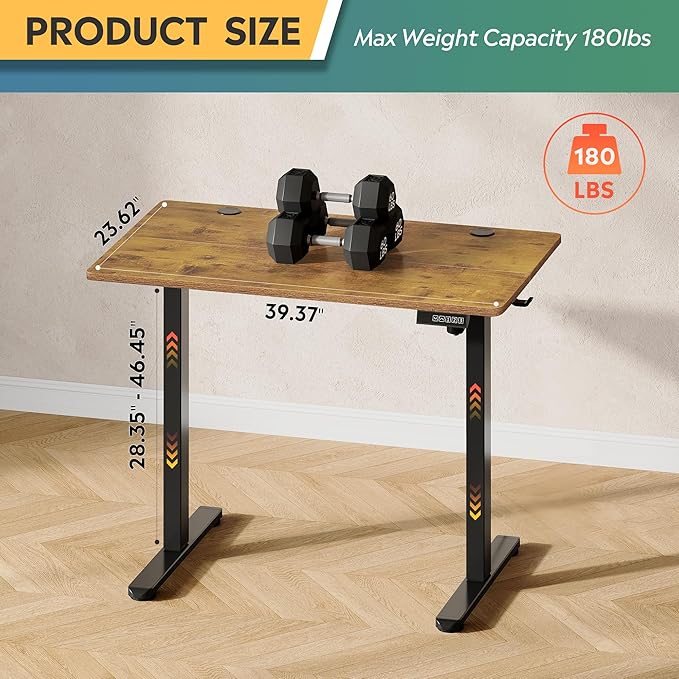 DEVAISE 40 Inch Electric Standing Desk, Adjustable Computer Desk for Home Office, Ergonomic Sit to Stand Desk with LED Touchscreen，Headphone Hook, 3 Memory Preset, with Split Top, Rustic Brown