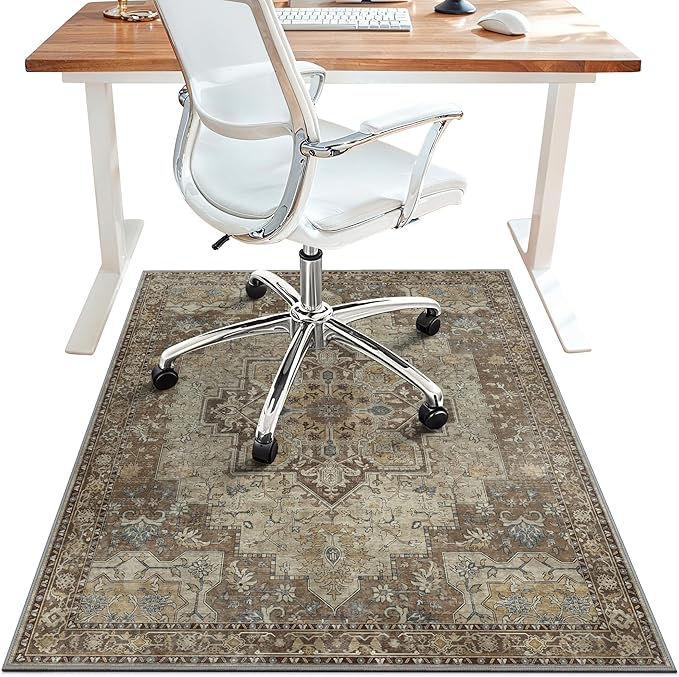 48"x60" Office Chair Mat for Hardwood Tile Floor, Under Desk Carpet Protector for Rolling Computer Chair Mat, Machine Washable Area Rug, Anti-Slip 1/5" Thick Low Pile Thin Vinyl Floor Mat, Brown