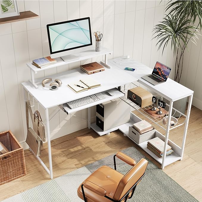 L Shaped Gaming Desk with Power Outlets & RGB Lights, 46'' L- Shaped Desk Computer Corner Desk with Monitor Stand & Storage Shelf & Hook, Home Office Desk Writing Desk, White