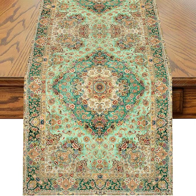 Boho Floral Green Table Runner,Vintage Elegant Farmhouse Table Center Linen Decor,Country Rustic Farmhouse Magical Fall Kitchen Dining Table Decoration for Home Dining Party Decor 13x108 Inch