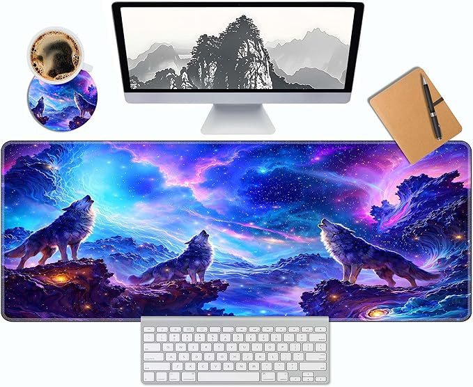 Extended Large Mouse Pad 31.5 x 11.8 Inches – AiLiTeck Premium Desk Mat Mousepad with Stitched Edges, Waterproof, Non-Slip Rubber Base for Office Home, Includes Coaster–Wolf Galaxy