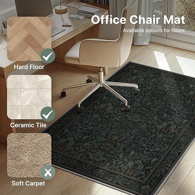 48"x60" Office Chair Mat for Hardwood Tile Floor, Under Desk Carpet Protector for Rolling Computer Chair Mat, Machine Washable Area Rug, Anti-Slip 1/5" Thick Low Pile Thin Vinyl Floor Mat, Dark Green