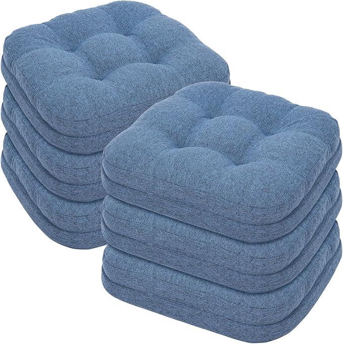 baibu Set of 6 Dining Chair Cushions, Dual-Layer Patent Design Memory Foam Kitchen Chair Cushions, Non-Slip Seat Pads with Ties, 16.5 x 16.5 x 3.5in, Blue