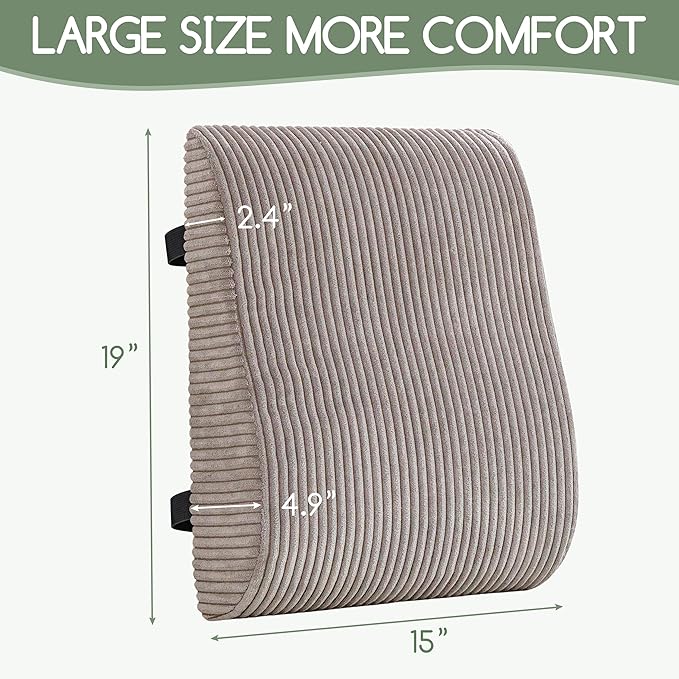 Ergonomic Lumbar Support Pillow for Lower Back Pain Relief, Corduroy Cover Back Support Cushion with Adjustable Straps, Large Size Lumbar Pillow for Office, Gaming & Home Essentials, Large, Grey