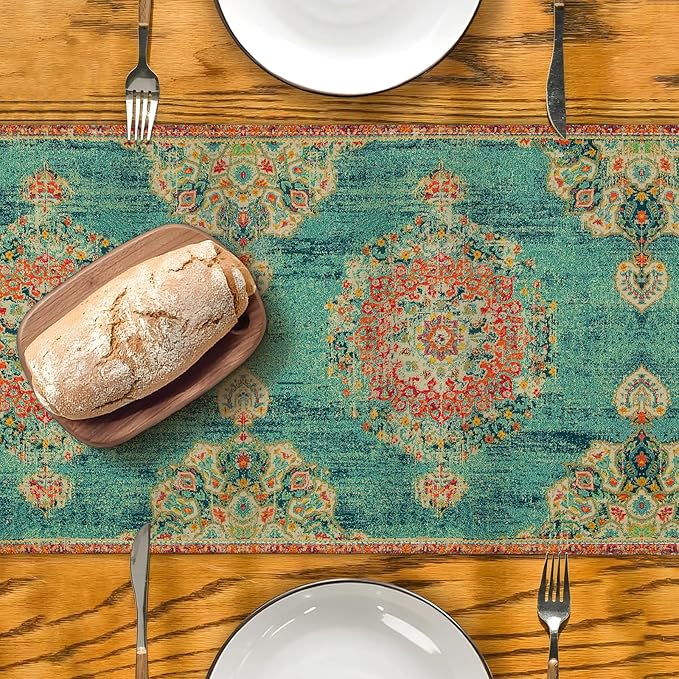 Boho Green-Red Table Runner,Vintage Elegant Farmhouse Table Center Linen Decor,Country Rustic Farmhouse Magical Fall Kitchen Dining Table Decoration for Home Dining Party Decor 13x108 Inch