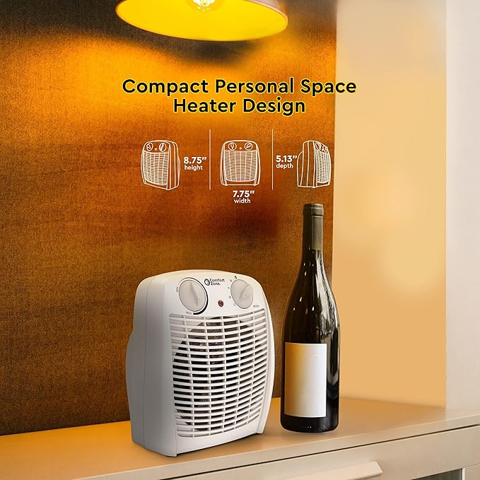 Comfort Zone CZ45E 750/1,500-Watt Fan-Forced Personal Heater with Adjustable Thermostat, Overheat Protection, Safety Tip-Over Switch, Energy Save Features, and Convenient Carry Handle, White