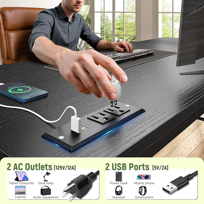 DurayLoly 47.2" Gaming Desk with Power Outlet and LED Lights,Computer Desk with Adjustable Monitor Stand and Drawer,Office Desk with CPU Stand for Home Work,Study and Gaming, Small Spaces,Black