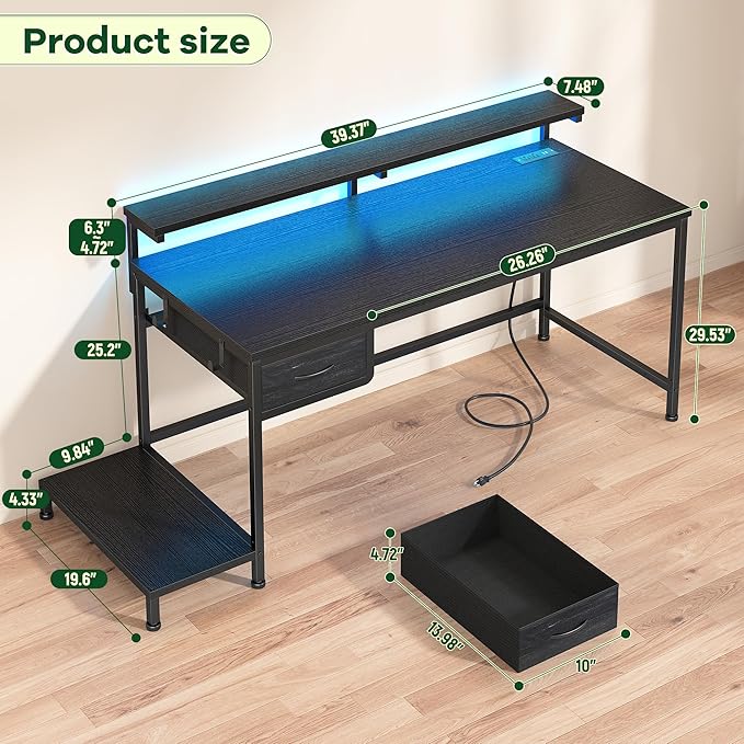 DurayLoly 39.3" Gaming Desk with Power Outlet and LED Lights,Computer Desk with Adjutable Monitor Stand and Drawer,Office Desk with CPU Stand for Home Work,Study and Gaming, Small Spaces,Black
