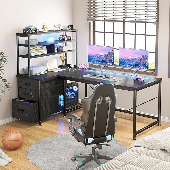 DurayLoly 55''Gaming Desk L Shaped Desk with 3 Fabric Drawers & Shelf, Reversible Computer Desk with Remote LED Lights, Power Outlet of Home Office Desk for Bedroom,Dorm,Black